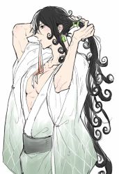 1boy, alternate costume, alternate hairstyle, androgynous, ashiya douman (fate), asymmetrical hair, black eyes, black hair, collarbone, commentary request, curly hair, dressing, eyelashes, eyeshadow, fate/grand order, fate (series), fingernails, green eyeshadow, green kimono, green nails, hair between eyes, hair intakes, highres, japanese clothes, judas worst, kimono, lips, long hair, makeup, mouth hold, multicolored hair, nail polish, navel, open clothes, open kimono, pectorals, pink lips, ponytail, puffy chest, ribbon, ribbon in mouth, sharp fingernails, toned, toned male, trap, two-tone hair, tying hair, very long fingernails, very long hair, white background, white hair