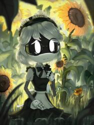 Rule 34 | 1girl, apron, flower, glasses, glitch productions, maid, maid apron, maid headdress, murder drones, no humans, sunflower, v (murder drones)