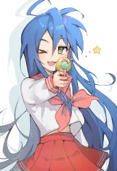Rule 34 | 1girl, ;3, ahoge, blue hair, blush, clothes lift, green eyes, hair between eyes, highres, holding, holding water gun, izumi konata, long hair, long sleeves, looking at viewer, lucky star, milka (milk4ppl), mole, mole under eye, neckerchief, one eye closed, open mouth, pleated skirt, red neckerchief, red sailor collar, red skirt, ribbon, ryouou school uniform, sailor collar, school uniform, serafuku, shadow, shirt, shirt lift, signature, silhouette, simple background, skirt, solo, splashing, star (symbol), very long hair, water, water gun, white background, white shirt