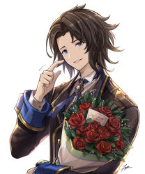 Rule 34 | 10s, 1boy, black hair, bloom, blue eyes, bouquet, flower, granblue fantasy, granblue fantasy (style), jacket, lancelot (granblue fantasy), looking at viewer, male focus, parted lips, presenting, short hair, signature, sketch, smile, solo, tenyo0819, the dragon knights