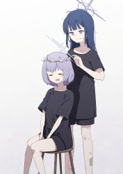 Rule 34 | 2girls, :d, absurdres, aged down, ao12073010, atsuko (blue archive), bandaid, bandaid on cheek, bandaid on face, black hair, black shirt, black shorts, blue archive, bruise, closed eyes, collarbone, commentary request, grey eyes, hair between eyes, halo, head wreath, highres, injury, long hair, looking at another, multiple girls, official alternate costume, official alternate hairstyle, on stool, open mouth, purple hair, saori (blue archive), shirt, short hair, short shorts, short sleeves, shorts, sidelocks, simple background, sitting, smile, white background