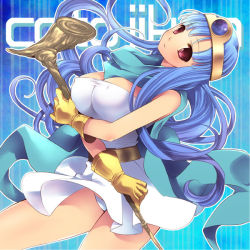 Rule 34 | belt, blue hair, blush, breasts, cape, chunsoft, circlet, cleavage, dragon quest, dragon quest iii, enix, gloves, kotoji, large breasts, legs, long hair, panties, pantyshot, red eyes, sage (dq3), skirt, smile, solo, staff, underwear