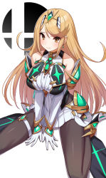 Rule 34 | 1girl, absurdres, black pantyhose, blonde hair, breasts, elbow gloves, gloves, green322, highres, jewelry, large breasts, mythra (massive melee) (xenoblade), mythra (xenoblade), nintendo, pantyhose, solo, super smash bros., super smash bros. logo, thighs, xenoblade chronicles (series), xenoblade chronicles 2, yellow eyes