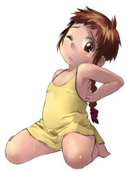 armpits barefoot blush braid brown_eyes brown_hair child kneeling original satou_toshiyuki solo sweat