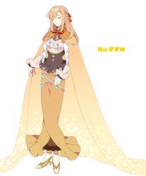 Rule 34 | 1girl, bow, braid, brown cape, brown dress, brown hair, cape, creatures (company), dress, closed eyes, facing viewer, full body, game freak, gen 7 pokemon, hair bow, highres, long hair, long sleeves, nintendo, palossand, personification, pokedex number, pokemon, red bow, red neckwear, shioya (soooooolt), simple background, solo, standing, white background