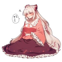 Rule 34 | 1girl, absurdres, blush, bow, bowtie, brown skirt, cosplay, frilled skirt, frills, fujiwara no mokou, grey hair, hair bow, highres, houraisan kaguya, houraisan kaguya (cosplay), long hair, long sleeves, looking at viewer, open mouth, pink shirt, red eyes, shirt, simple background, skirt, solo, somei ooo, speech bubble, squiggle, sweatdrop, touhou, translated, very long hair, white background, white bow, white bowtie, wide sleeves
