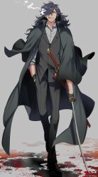 Rule 34 | 1boy, black cape, black footwear, black gloves, black hair, black pants, black vest, blood, blood splatter, cape, cigarette, collared shirt, facial hair, fate/grand order, fate (series), full body, gloves, grey background, grey shirt, hair over one eye, hand in pocket, highres, holding, holding sword, holding weapon, katana, long hair, male focus, okada izou (fate), open collar, orange eyes, pants, pirohi (pirohi214), sheath, sheathed, shirt, simple background, sleeves rolled up, smoke, smoking, solo, stubble, sword, teeth, vest, walking, weapon