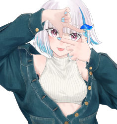Rule 34 | 1girl, absurdres, blue hair, blue nails, blunt bangs, blush, breasts, cropped sweater, denim, denim jacket, feather hair ornament, feathers, finger frame, hair ornament, highres, jacket, lize helesta, multicolored hair, nail polish, nemui ogi, nijisanji, purple eyes, ribbed sweater, short hair, silver hair, small breasts, solo, streaked hair, sweater, tongue, tongue out, upper body, virtual youtuber
