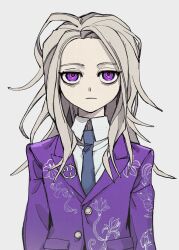 Rule 34 | 1boy, ahoge, blonde hair, blue necktie, closed mouth, collared shirt, commentary request, floral print, grey background, half-closed eyes, highres, jacket, long hair, long sleeves, looking at viewer, makoto kagutsuchi, male focus, master detective archives: rain code, mino (minoponpon10), necktie, purple eyes, purple jacket, shirt, simple background, solo, spoilers, symbol in eye, upper body, white shirt