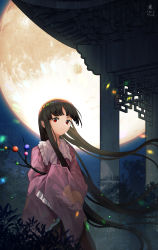 Rule 34 | 1girl, architecture, black hair, blunt bangs, bow, bowtie, branch, building, bush, chinese commentary, commentary request, cowboy shot, dated, east asian architecture, frilled shirt collar, frilled sleeves, frills, full moon, furahata gen, highres, houraisan kaguya, huge moon, jeweled branch of hourai, long hair, long sleeves, looking at viewer, moon, night, night sky, pink shirt, red eyes, red skirt, shirt, signature, skirt, sky, smile, solo, touhou, very long hair, white bow, wide sleeves
