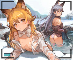 Rule 34 | 10s, 2girls, animal ears, ass, bad id, bad pixiv id, bare shoulders, black bow, black bowtie, black gloves, blonde hair, bow, bowtie, breasts, camera viewfinder, day, ezo red fox (kemono friends), fox ears, fox girl, fox tail, fur trim, gloves, kemono friends, looking at viewer, medium breasts, multiple girls, onsen, outdoors, pepeto (cocoyuzumugi), recording, red eyes, shirt, silver fox (kemono friends), silver hair, tail, wading, water, wet, wet clothes, wet shirt, white bow, white bowtie, yellow eyes