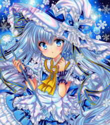 Rule 34 | 1girl, ascot, blue background, blue dress, blue eyes, blue hair, blue ribbon, crystal, dress, embellished costume, frilled dress, frilled hat, frilled ribbon, frills, hair ribbon, hat, hat ribbon, hatsune miku, holding, holding wand, long hair, looking at viewer, marker (medium), parted lips, ribbon, rui (sugar3), sample watermark, snowflakes, solo, sparkle, traditional media, treble clef, twintails, upper body, very long hair, vocaloid, wand, watermark, white dress, white headwear, witch hat, wrist cuffs, yellow ascot, yuki miku, yuki miku (2014)