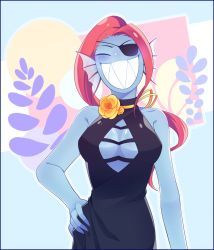 Rule 34 | 1girl, :d, artist request, bare shoulders, blue skin, blush, breasts, cleavage, closed eyes, collarbone, colored skin, dress, eyepatch, fins, grin, hand on own hip, head fins, long hair, md5 mismatch, monster girl, no bra, open mouth, ponytail, red hair, resized, resolution mismatch, ribbon, sharp teeth, sleeveless, smile, solo, source larger, teeth, undertale, undyne