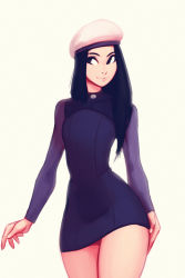 Rule 34 | 1girl, absurdres, black hair, closed mouth, commentary, cowboy shot, dress, english commentary, hat, highres, long hair, long sleeves, open mouth, original, purple dress, raichiyo33, simple background, smile, solo, straight hair, thighs, white background, white hat