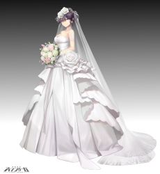 Rule 34 | 1girl, alternate costume, armband, bare shoulders, blue eyes, bouquet, breasts, bridal veil, bride, cleavage, closed mouth, collarbone, copyright name, crown, d. (ddot2018), dress, earrings, flower, formal, frilled dress, frills, full body, gloves, gown, gradient background, hair bun, hair flower, hair ornament, hair over one eye, highres, holding, holding bouquet, iron saga, jewelry, large breasts, logo, long dress, long hair, looking at viewer, necklace, pearl necklace, purple hair, rose, serenity (iron saga), sidelocks, simple background, single hair bun, solo, standing, strapless, strapless dress, tiara, trinity (iron saga), underbust, veil, wedding dress, white dress, white flower, white gloves