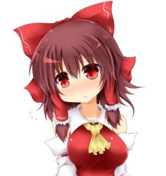 Rule 34 | 1girl, ascot, blush, bow, breasts, brown hair, detached sleeves, frown, hair bow, hair tubes, hakurei reimu, highres, large breasts, long hair, md5 mismatch, red eyes, ribbon, solo, touhou, transparent background, us2s