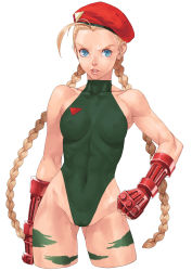 Rule 34 | 1990s (style), 1girl, abs, absurdres, antenna hair, bad id, bad nicoseiga id, bare shoulders, beret, blonde hair, blue eyes, braid, breasts, cammy white, camouflage, capcom, covered erect nipples, cropped legs, fingerless gloves, gloves, hand on own hip, hat, highleg, highleg leotard, highres, leotard, long hair, muscular, muscular female, parted lips, retro artstyle, scar, serious, simple background, solo, street fighter, street fighter ii (series), takoyaki neko-san, thong leotard, twin braids, white background