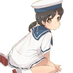 Rule 34 | 1girl, alchera, black hair, brown eyes, dress, from behind, hat, hiburi (kancolle), kantai collection, looking at viewer, looking to the side, low ponytail, sailor collar, sailor dress, sailor hat, shoes, short hair, short sleeves, simple background, sitting, socks, solo, uwabaki, wariza, white background, white dress, white socks