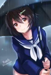 Rule 34 | 1girl, artist name, bad id, bad twitter id, black umbrella, blouse, blue shirt, brave witches, brown eyes, brown hair, closed mouth, commentary request, hair ornament, hairclip, haruhata mutsuki, head tilt, holding, holding umbrella, karibuchi hikari, long sleeves, looking at viewer, neckerchief, rain, school uniform, serafuku, shirt, short hair, signature, smile, solo, standing, twitter username, umbrella, wet, wet clothes, wet face, white neckerchief, world witches series