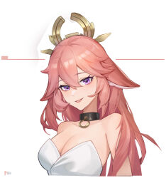 Rule 34 | 1girl, 778 (fan7), alternate costume, animal ears, bare shoulders, black choker, breasts, choker, cleavage, commentary, dress, fox ears, genshin impact, grin, hair between eyes, head tilt, highres, large breasts, long hair, looking at viewer, parted lips, pink hair, purple eyes, smile, solo, strapless, strapless dress, symbol-only commentary, upper body, very long hair, white background, white dress, yae miko
