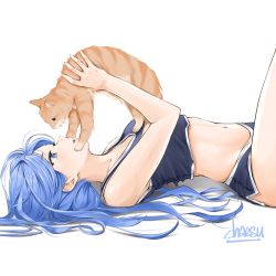 Rule 34 | 1girl, animal, artist name, ass, bare arms, bare shoulders, black shirt, black shorts, blue eyes, blue hair, cat, chaesu, crop top, feet up, from side, highres, holding, holding animal, long hair, bae minah (chaesu), navel, original, shirt, shorts, simple background, solo, stomach, white background