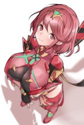 Rule 34 | 1girl, blurry, blurry background, breasts, cleavage, depth of field, ewokakuman, female focus, from above, gem, hair ornament, headpiece, highres, jewelry, large breasts, looking at viewer, looking up, matching hair/eyes, nintendo, pyra (xenoblade), red eyes, red hair, simple background, solo, standing, swept bangs, tiara, white background, xenoblade chronicles (series), xenoblade chronicles 2