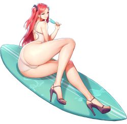 Rule 34 | 1girl, ass, back cutout, closed mouth, clothing cutout, eating, food, frilled hairband, frills, from behind, full body, game cg, hair ornament, hairband, high heels, highleg, highleg swimsuit, highres, holding, holding food, kakiman, last origin, long hair, looking at viewer, looking back, median furrow, night angel (last origin), official alternate costume, official art, one-piece swimsuit, one side up, popsicle, purple footwear, red eyes, red hair, scrunchie, sexually suggestive, shoulder blades, solo, strappy heels, suggestive fluid, surfboard, swimsuit, tachi-e, thick thighs, thighs, transparent background, wet, white one-piece swimsuit