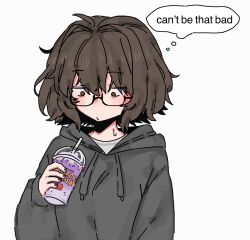 Rule 34 | 1girl, aki (snale), black hoodie, black nails, brown eyes, brown hair, cup, disposable cup, english text, glasses, grimace shake (meme), highres, holding, holding cup, hood, hoodie, looking down, mcdonald&#039;s, meme, original, snale, solo, sweatdrop, thought bubble, upper body