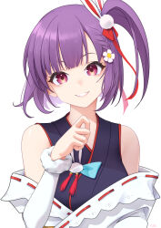 Rule 34 | 1girl, absurdres, braid, detached sleeves, flower, hair flower, hair ornament, hair ribbon, head tilt, highres, looking at viewer, medium hair, nontraditional miko, one side up, purple hair, red eyes, ribbon, simple background, smile, solo, straight-on, tenjin kotone, tenjin kotone (channel), upper body, virtual youtuber, white background, yuki (24726302)