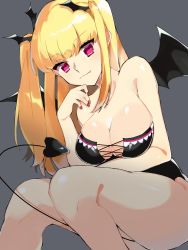 Rule 34 | 1girl, bare legs, blonde hair, blunt bangs, blush, breast hold, breasts, cleavage, collarbone, demon girl, demon tail, demon wings, fang, grey background, hair ornament, hand up, highres, large breasts, long hair, looking at viewer, nail polish, red eyes, sen (natuo8805), simple background, smile, solo, tail, tokyo 7th sisters, two side up, uesugi u. kyouko, wings