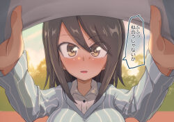 Rule 34 | 1girl, blue shirt, brown eyes, brown hair, commentary, day, dress shirt, girls und panzer, hat, highres, holding, holding clothes, holding hat, jinguu (4839ms), keizoku school uniform, long hair, long sleeves, looking at viewer, mika (girls und panzer), open mouth, outdoors, pov, school uniform, shirt, smile, solo, striped clothes, striped shirt, translated, vertical-striped clothes, vertical-striped shirt, white shirt, wing collar