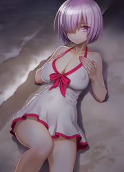 Rule 34 | 1girl, beach, blush, bow, covered erect nipples, covered navel, dress swimsuit, fate/grand order, fate (series), hair over one eye, hands on own chest, highres, light purple hair, looking at viewer, lying, mash kyrielight, mash kyrielight (swimsuit of perpetual summer), minazuki juuzou, night, official alternate costume, on back, one-piece swimsuit, outdoors, pink bow, purple eyes, short hair, solo, swimsuit, waves, white one-piece swimsuit