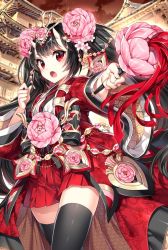 Rule 34 | 10s, 1girl, :o, black hair, black thighhighs, blush, chain chronicle, floral print, hair ornament, hakama, hakama skirt, holding, horns, japanese clothes, long hair, looking at viewer, nardack, night, night sky, official art, oni, oni horns, open mouth, original, outdoors, pleated skirt, red eyes, red hakama, single horn, skirt, sky, solo, thighhighs, tsuru (chain chronicle), wide sleeves, zettai ryouiki