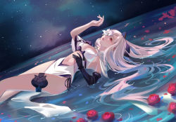 Rule 34 | 1girl, breasts, cleavage, drag-on dragoon, drag-on dragoon 3, dress, feet out of frame, flower, flower over eye, hand up, highres, long hair, lying, mechanical arms, medium breasts, navel, night, night sky, on back, one eye covered, parted lips, partially submerged, pelvic curtain, prosthesis, prosthetic arm, red eyes, red flower, red rose, rose, sky, sleeveless, sleeveless dress, solo, thigh strap, white dress, white flower, yubuki i, zero (drag-on dragoon)