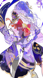 1girl blue_flower bow braid bug butterfly butterfly_hair_ornament ezu_(e104mjd) facing_away flower genshin_impact hair_bow hair_ornament highres insect japanese_clothes kimono long_hair long_sleeves low-braided_long_hair low-tied_long_hair mitsudomoe_(shape) obi obiage obijime purple_flower purple_hair purple_kimono raiden_shogun red_bow red_ribbon ribbon sash solo standing tomoe_(symbol) white_background