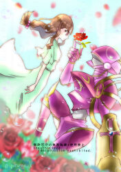 Rule 34 | 1boy, 1girl, absurdres, brown hair, digimon, digimon (creature), digimon ghost game, highres, long hair, looking at another, lordknightmon, pink eyes, royal knights, size difference, tsukiyono ruli, very long hair
