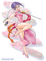 Rule 34 | china dress, chinese clothes, dao (weapon), delta-e, dress, dual wielding, glasses, green eyes, hair bun, high heels, holding, jian (weapon), legs, md5 mismatch, original, panties, purple hair, red ribbon, resolution mismatch, ribbon, shoes, solo, source larger, sword, underwear, weapon
