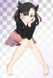 Rule 34 | 1girl, absurdres, asymmetrical bangs, barefoot, black hair, black jacket, blue eyes, checkered background, closed mouth, creatures (company), game freak, gradient background, hair ribbon, head rest, highres, invisible chair, jacket, long hair, long sleeves, looking at viewer, marnie (pokemon), miniskirt, nintendo, pink skirt, pokemon, pokemon swsh, red ribbon, ribbon, shiny skin, sitting, skirt, solo, two side up, utyuueituu, white background