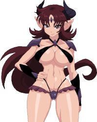 Rule 34 | 1girl, breasts, cameltoe, cleft of venus, covered erect nipples, demon girl, horns, large breasts, lowres, navel, pointy ears, scodati, thong, warner