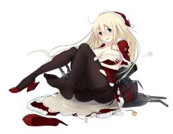 Rule 34 | 10s, 1girl, adapted costume, atago (kancolle), black pantyhose, blonde hair, blue eyes, blush, breasts, christmas, cleavage, feet, female focus, full body, hat, high heels, kantai collection, large breasts, long hair, looking at viewer, magicxiang, pantyhose, santa costume, santa hat, shoes, unworn shoes, simple background, single shoe, smile, soles, solo, thighband pantyhose, torn clothes, torn pantyhose, transparent background