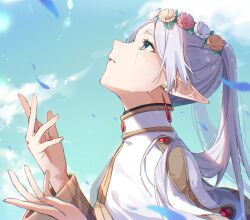 Rule 34 | 1girl, absurdres, blue sky, capelet, cloud, crying, crying with eyes open, drop earrings, earrings, elf, falling petals, frieren, from side, green eyes, grey hair, hands up, head wreath, highres, jewelry, long hair, looking up, parted bangs, parted lips, petals, pointy ears, rinzawa, sky, solo, sousou no frieren, streaming tears, tears, twintails, white capelet