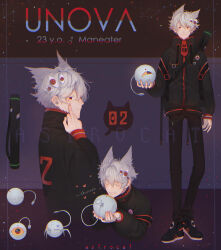 Rule 34 | 1boy, animal ears, artist name, astrocatsama, badge, ball, bikini, black footwear, black jacket, black pants, black sleeves, blue background, cat ears, character name, character sheet, closed eyes, closed mouth, collared jacket, commentary, constellation, cross, english commentary, english text, eye hair ornament, eye print, finger to cheek, fingernails, from side, full body, grey hair, grin, heart, high collar, holding, holding ball, jacket, long sleeves, looking at viewer, machinery, male focus, mole, mole under eye, multiple views, original, pants, red background, red eyes, red trim, shoes, short hair, smile, sneakers, straight-on, swimsuit, two-tone bikini, upper body, watermark, weapon, weapon on back, white hair, zipper, zipper pull tab
