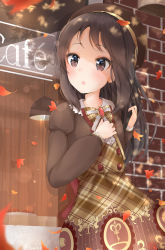 Rule 34 | 1girl, :o, absurdres, against wall, autumn, autumn leaves, beret, blush, bow, brick wall, brown bow, brown dress, brown eyes, brown hair, brown hat, brown neckwear, ceiling light, dress, falling leaves, hand on own chest, hat, highres, holding, idolmaster, idolmaster cinderella girls, leaf, long hair, long sleeves, looking to the side, open mouth, outdoors, plaid, plaid bow, plaid dress, plaid neckwear, puffy long sleeves, puffy sleeves, sakurano rocco, solo, storefront, sweat, tachibana arisu, tareme, twitter username, upper body, window