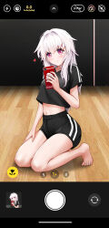 Rule 34 | 1girl, absurdres, alternate eye color, barefoot, black shirt, black shorts, blush, breasts, clara (honkai: star rail), cropped shirt, dolphin shorts, eyebrows hidden by hair, full body, hair between eyes, hand on own leg, heart, highres, holding, holding phone, honkai: star rail, honkai (series), indoors, kneeling, knees together feet apart, midriff, navel, nzdwarf, phone, pink eyes, shirt, short shorts, shorts, shy, small breasts, solo, sweat, viewfinder, white hair, wooden floor