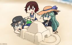 Rule 34 | 3girls, adapted costume, amagiri (kancolle), asymmetrical bangs, baseball cap, beach, bikini, black bikini, black headwear, black jacket, black ribbon, blue one-piece swimsuit, brown hair, bucket, commentary request, dated, day, glasses, gradient hair, green eyes, green hair, grey eyes, grey hair, hair between eyes, hair ornament, hair ribbon, hairclip, hamu koutarou, hat, highres, jacket, kantai collection, long hair, multicolored hair, multiple girls, mutsuki (kancolle), name tag, one-hour drawing challenge, one-piece swimsuit, outdoors, parted bangs, ponytail, red hair, ribbon, sand, sand castle, sand sculpture, school swimsuit, short hair, sidelocks, straw hat, sun hat, swimsuit, very long hair, yamakaze (kancolle)