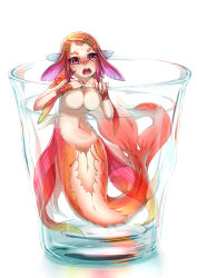 Rule 34 | 1girl, bad id, bad pixiv id, breasts, cup, fins, fish, goldfish, gradient hair, head fins, in container, in cup, large breasts, looking at viewer, mermaid, mini person, minigirl, monster girl, multicolored hair, navel, nucomas, open mouth, orange hair, original, pink eyes, pink hair, short hair, simple background, solo, water, white background