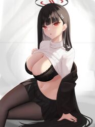 Rule 34 | 1girl, :o, absurdres, arm support, black bra, black hair, black jacket, black pantyhose, black skirt, blue archive, blunt bangs, blush, bra, breasts, bright pupils, cleavage, clothes lift, crossed legs, feet out of frame, halo, highres, jacket, jacket partially removed, kaba (hama), large breasts, long hair, looking at viewer, miniskirt, navel, pantyhose, pleated skirt, red eyes, ribbed sweater, rio (blue archive), sitting, skirt, solo, sweater, sweater lift, underwear, very long hair, white sweater