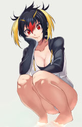 Rule 34 | 10s, 1girl, bare legs, barefoot, black hair, blonde hair, breasts, cleavage, closed mouth, collarbone, gradient hair, hand on own cheek, hand on own face, hood, hoodie, jor (hoad), kemono friends, large breasts, looking at viewer, multicolored hair, red eyes, red hair, rockhopper penguin (kemono friends), short twintails, simple background, smile, solo, squatting, twintails, water, white background