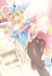 Rule 34 | 1girl, :d, absurdres, adapted costume, animal ears, ass, bar (place), bare shoulders, blonde hair, blue footwear, blue headwear, boots, breasts, brown fur, calcio, chair, commentary, dark magician girl, duel monster, eyes visible through hair, fake animal ears, fang, green eyes, hat, highres, holding, holding tray, kuriboh, large breasts, leotard, long hair, looking at viewer, looking back, open mouth, pantyhose, pentagram, playboy bunny, purple eyes, rabbit ears, sideboob, skin fang, smile, tray, very long hair, walking, wizard hat, wrist cuffs, yu-gi-oh!