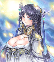Rule 34 | 1girl, artist name, at classics, black eyes, black hair, breasts, cleavage, expressionless, hair tubes, horns, jewelry, large breasts, long hair, looking at viewer, original, parted bangs, parted lips, sample watermark, sidelocks, solo, traditional media, upper body, watermark